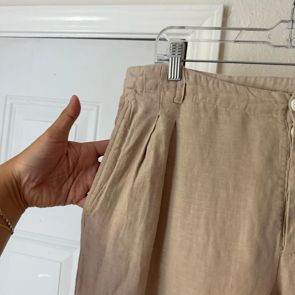 ALEXANDER YAMAGUCHI tan linen slim straight‎ leg cropped trousers pants